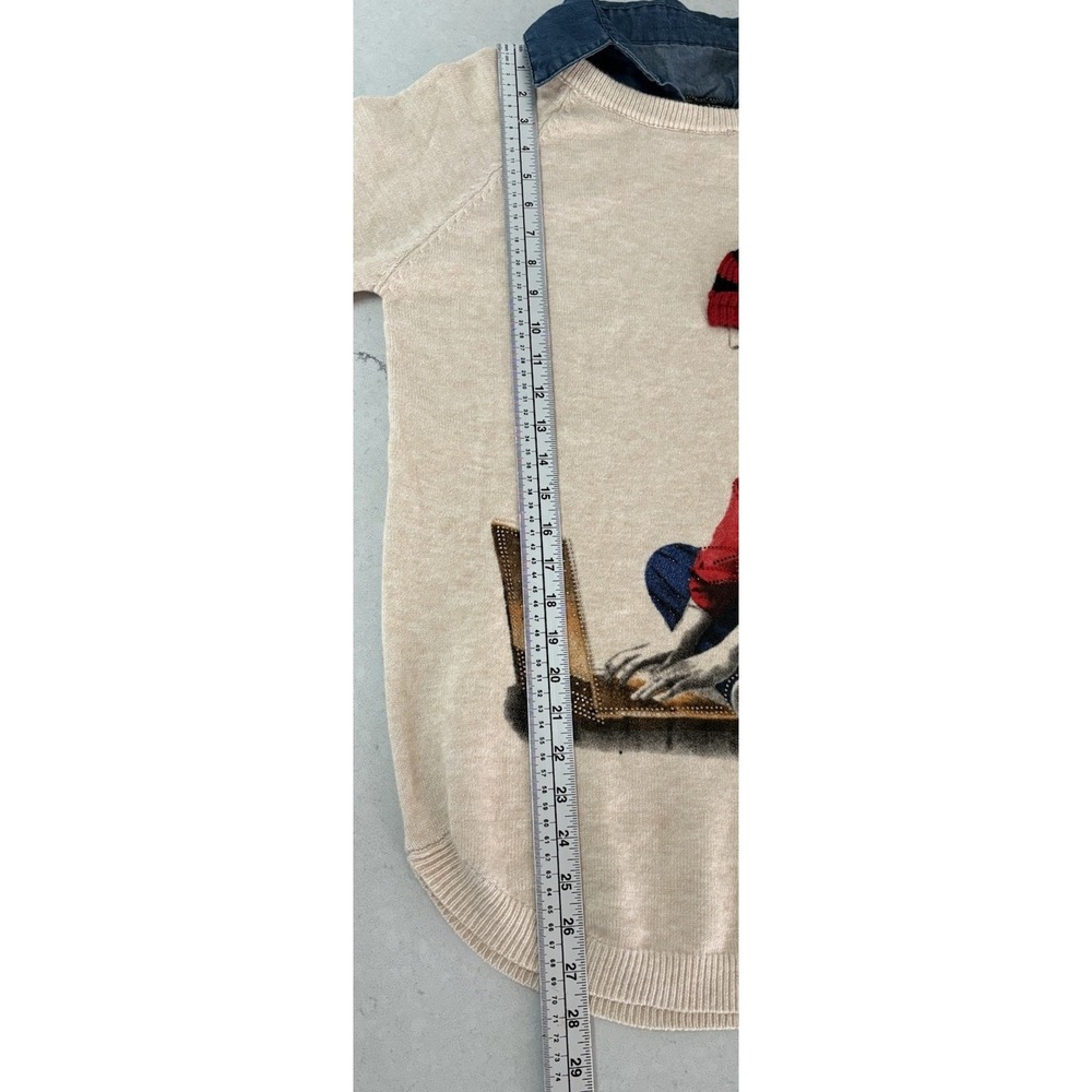 Ness Light Oatmeal Knit 3D knit appliqué Beanie Denim Shirt Collar Large Sweater - Picture 12 of 13